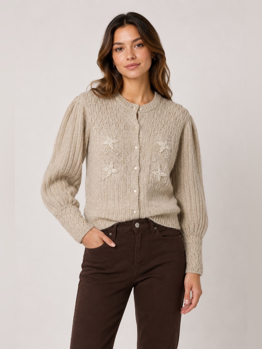 Boho Cottagecore Wool Puff Sleeve Cardigan Floral Beaded Feminine Earthy Goblin